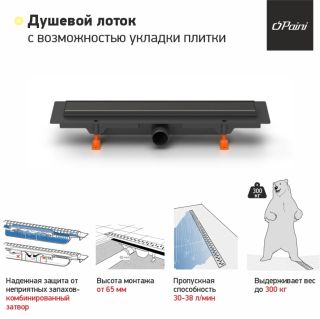 Душевой лоток Paini Klasik CH650KC2 монтаж к стене 65см чёрный матовый